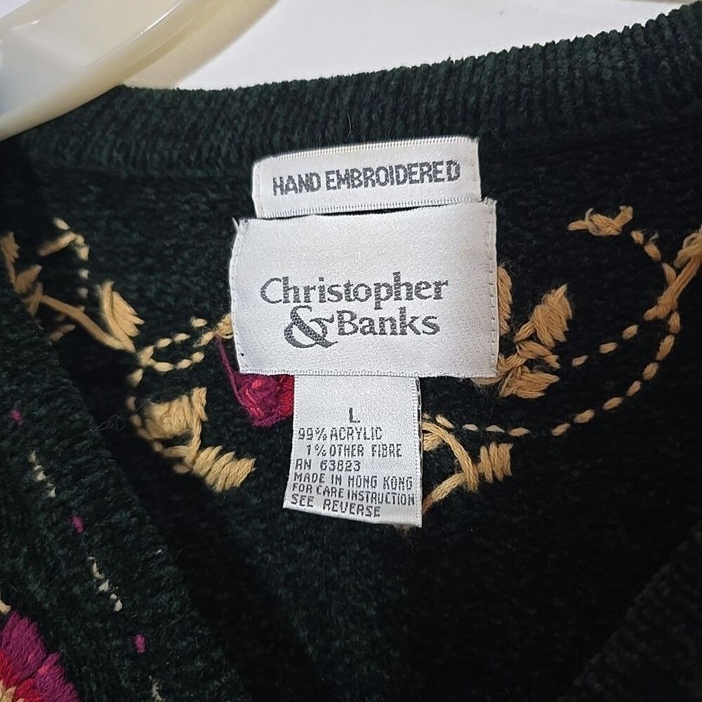 Vintage Fall Cardigan Sweater L Green Chenille Embroidered Zip Christopher Banks - Picture 5 of 9